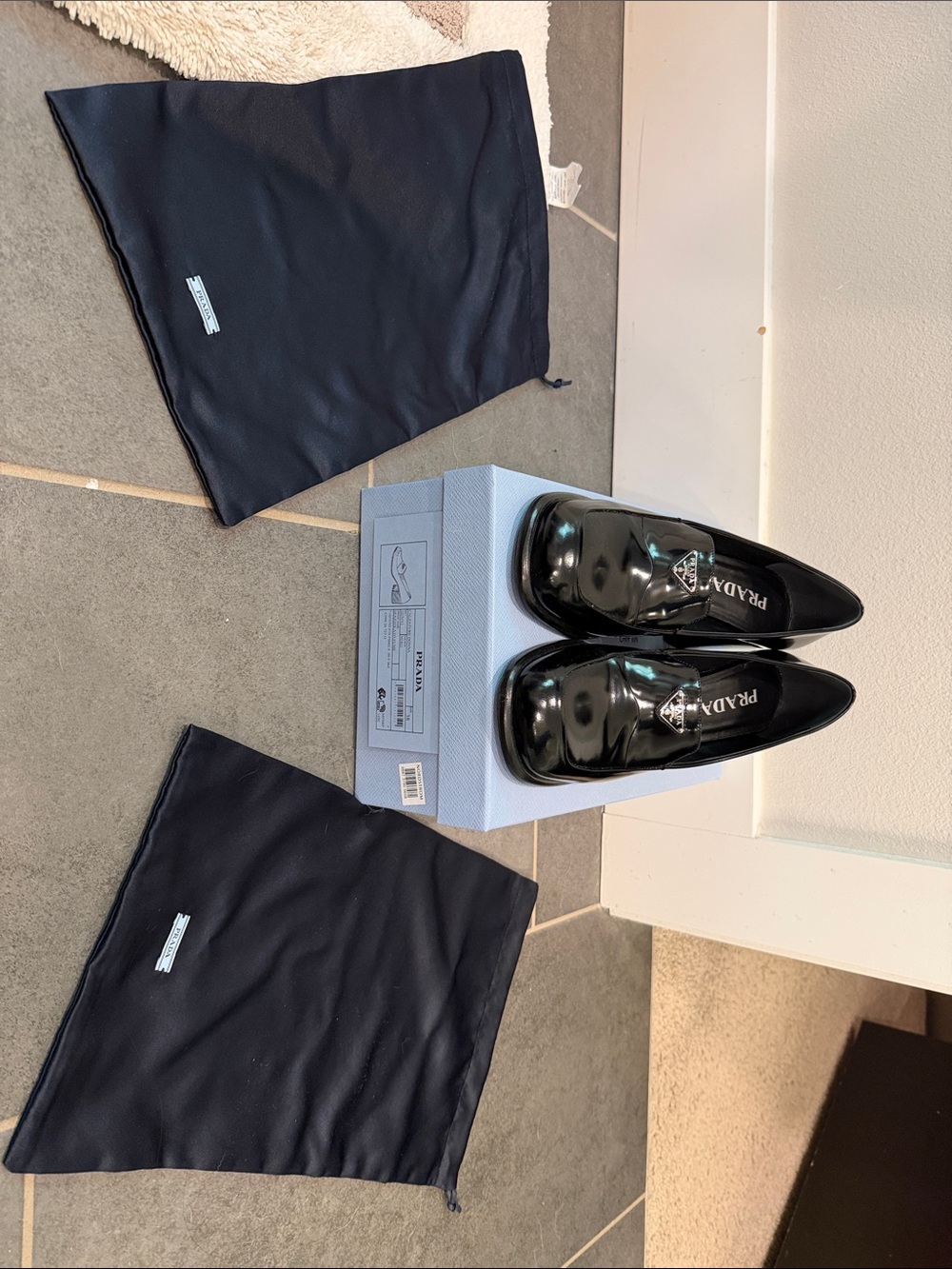 Prada Black Patent Leather Loafer Flats with Silver Triangle Logo